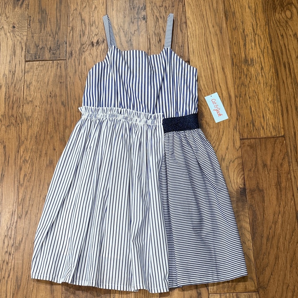 Cat & Jack NWT 100% Cotton Blue and White striped Fit and Flare size XL dress